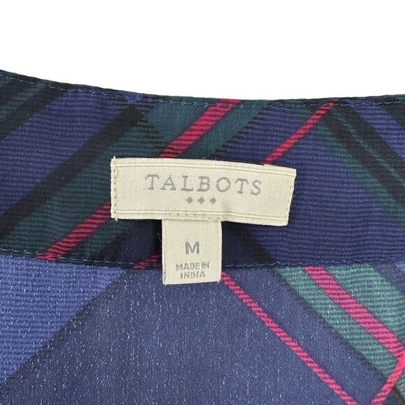 Talbots Plaid Top Blue Sleeveless Round Neck Size M Pin Tucked Classic Preppy - Picture 6 of 7
